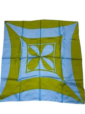 Vintage Rayon & Silk 26” Square Hand Rolled Scarf in Blue & Olive